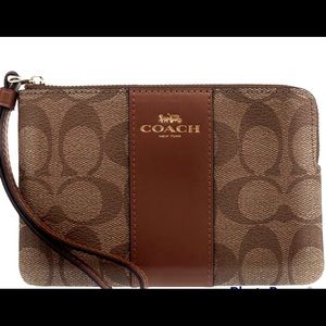 COACH Women's Corner Zip Signature PVC/ Leather Wristlet